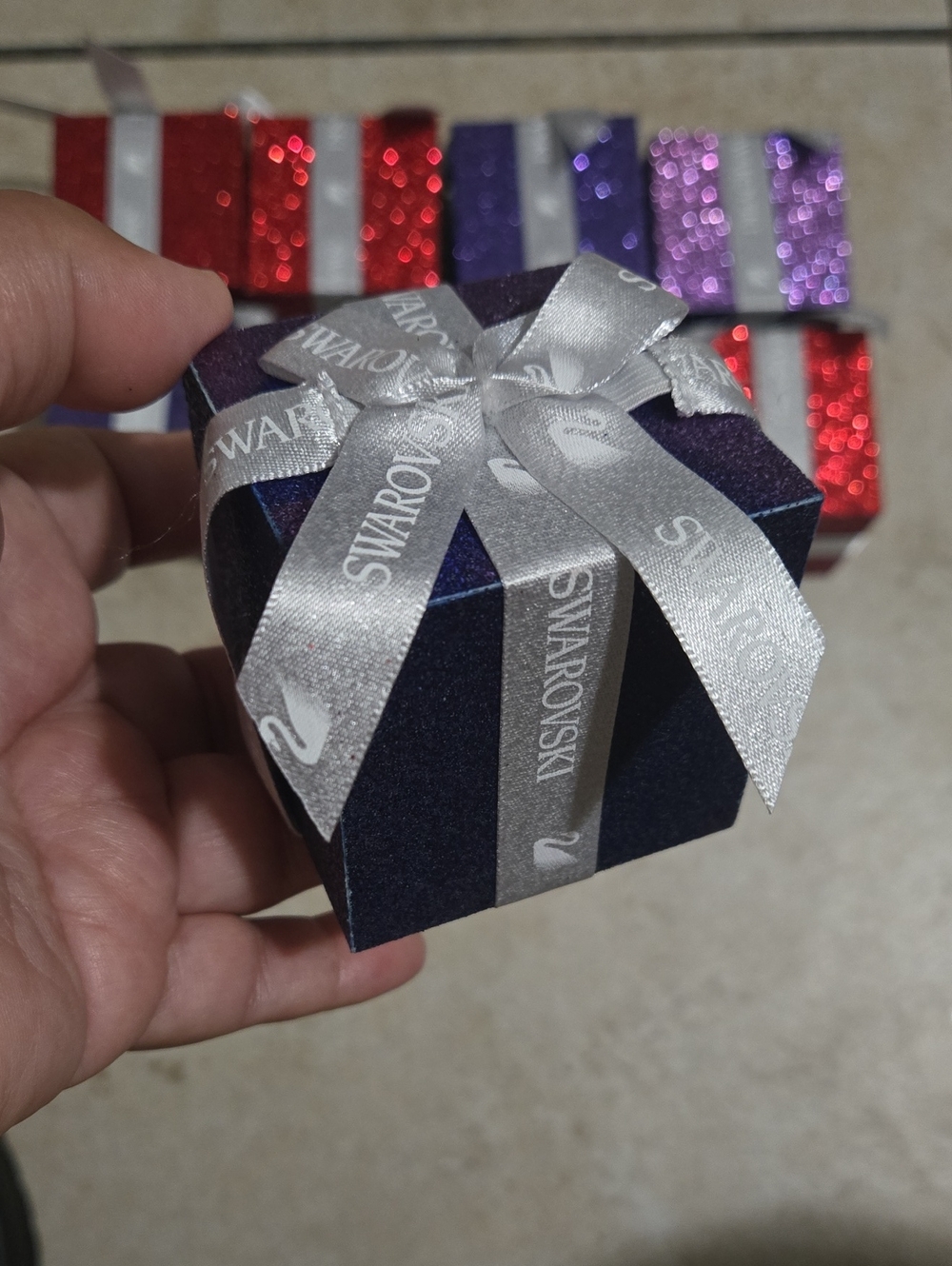 Swarovski Wooden decoration Box  with Silver Branded Ribbon